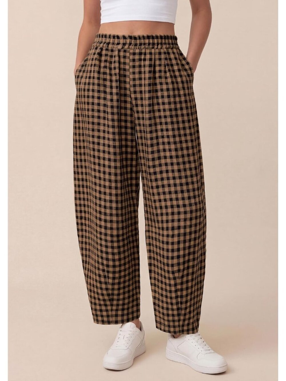 Women's Black Khaki Plaid Casual Loose Wide Leg Spring Fashion Beach Bottoms - Picture 4 of 5